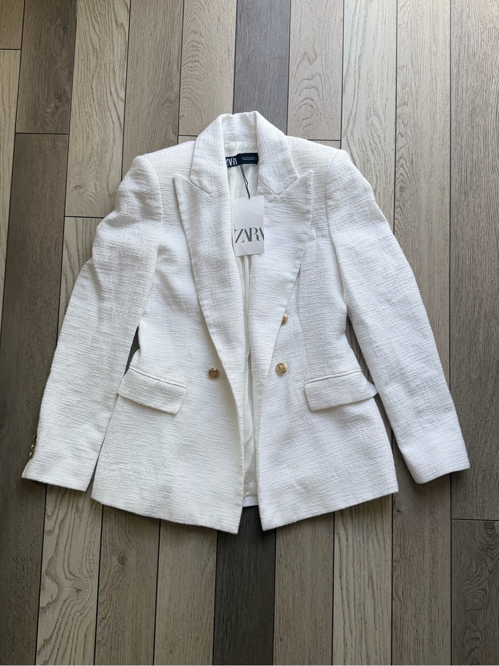 Zara White Textured Double-Breasted Blazer with Gold Buttons New Size S